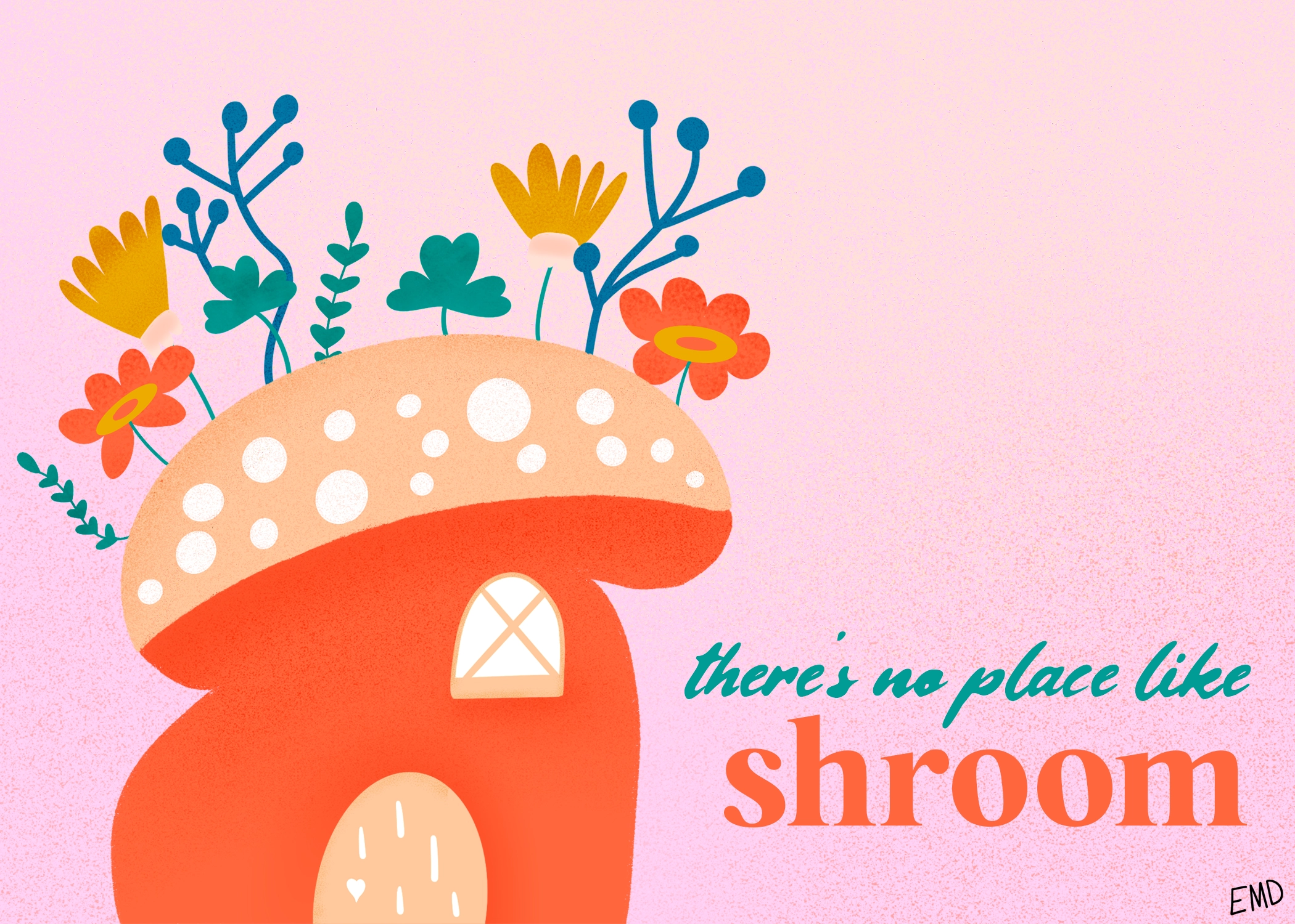 Mushroom house with flowers greeting card