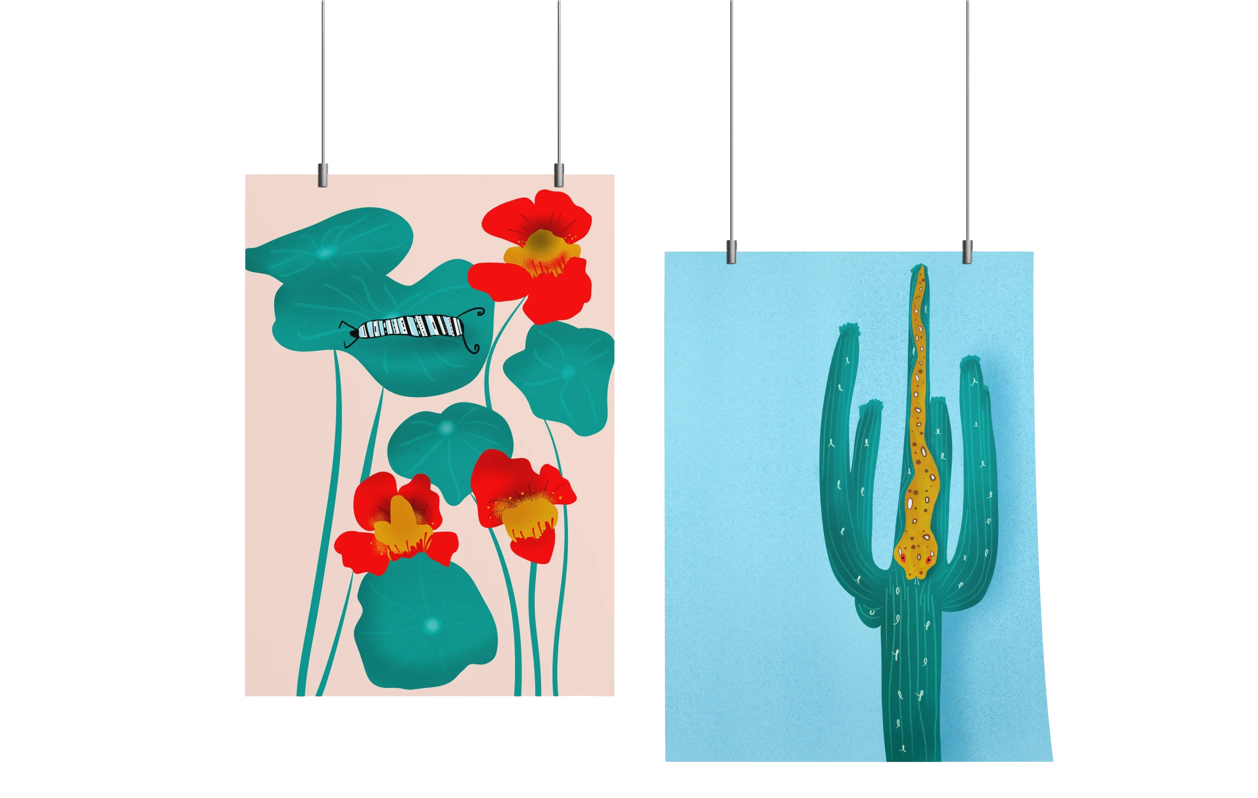 Wall art of cactus with snake and caterpillar