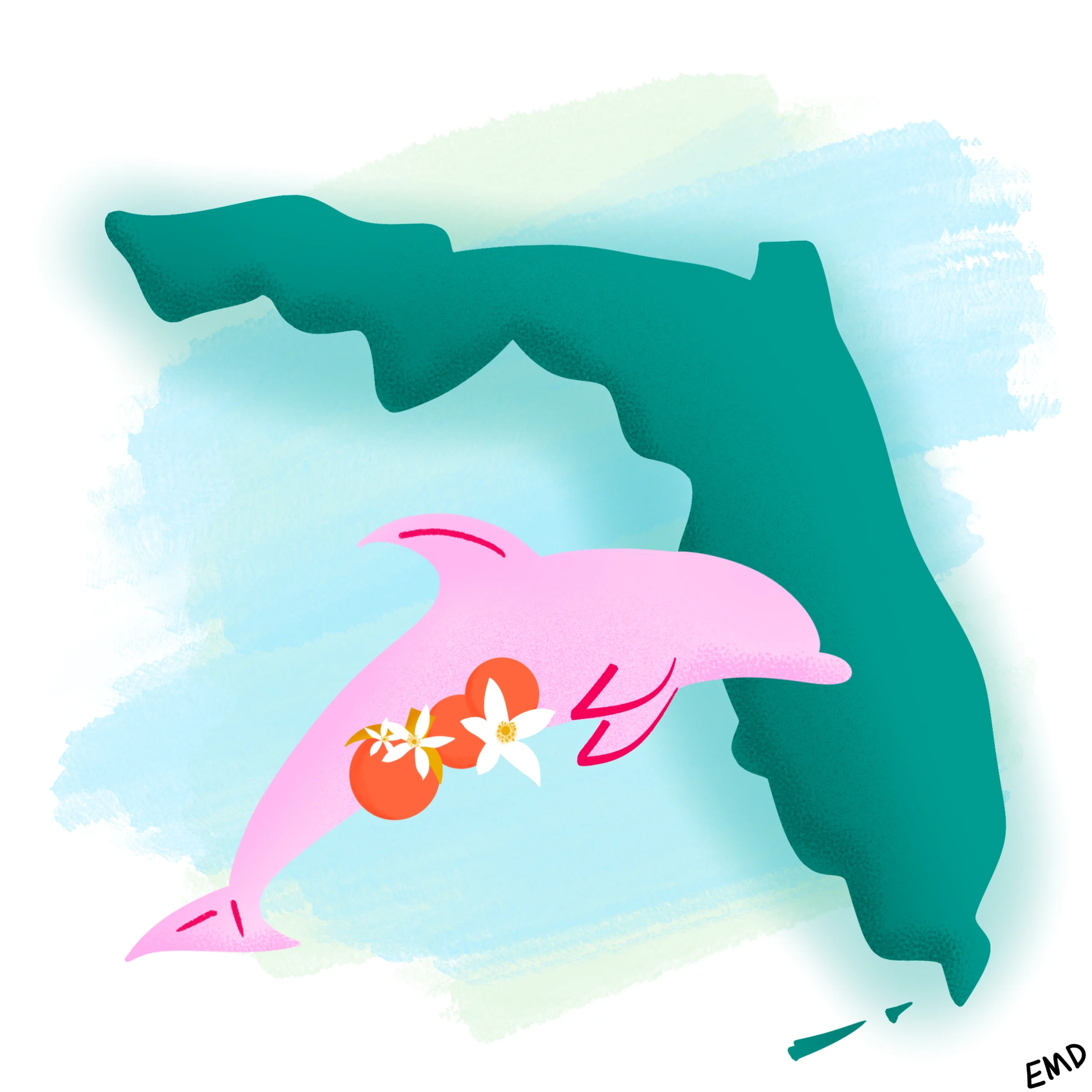 Florida map with a dolphin and oranges